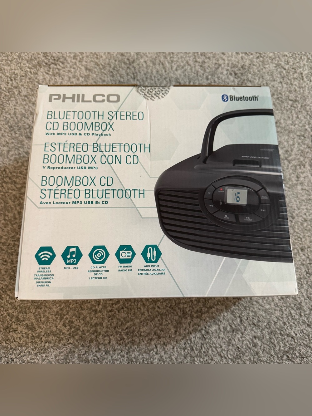 New In Box Philco PBB2005BT-BK Bluetooth Stereo CD FM Radio Black Boombox